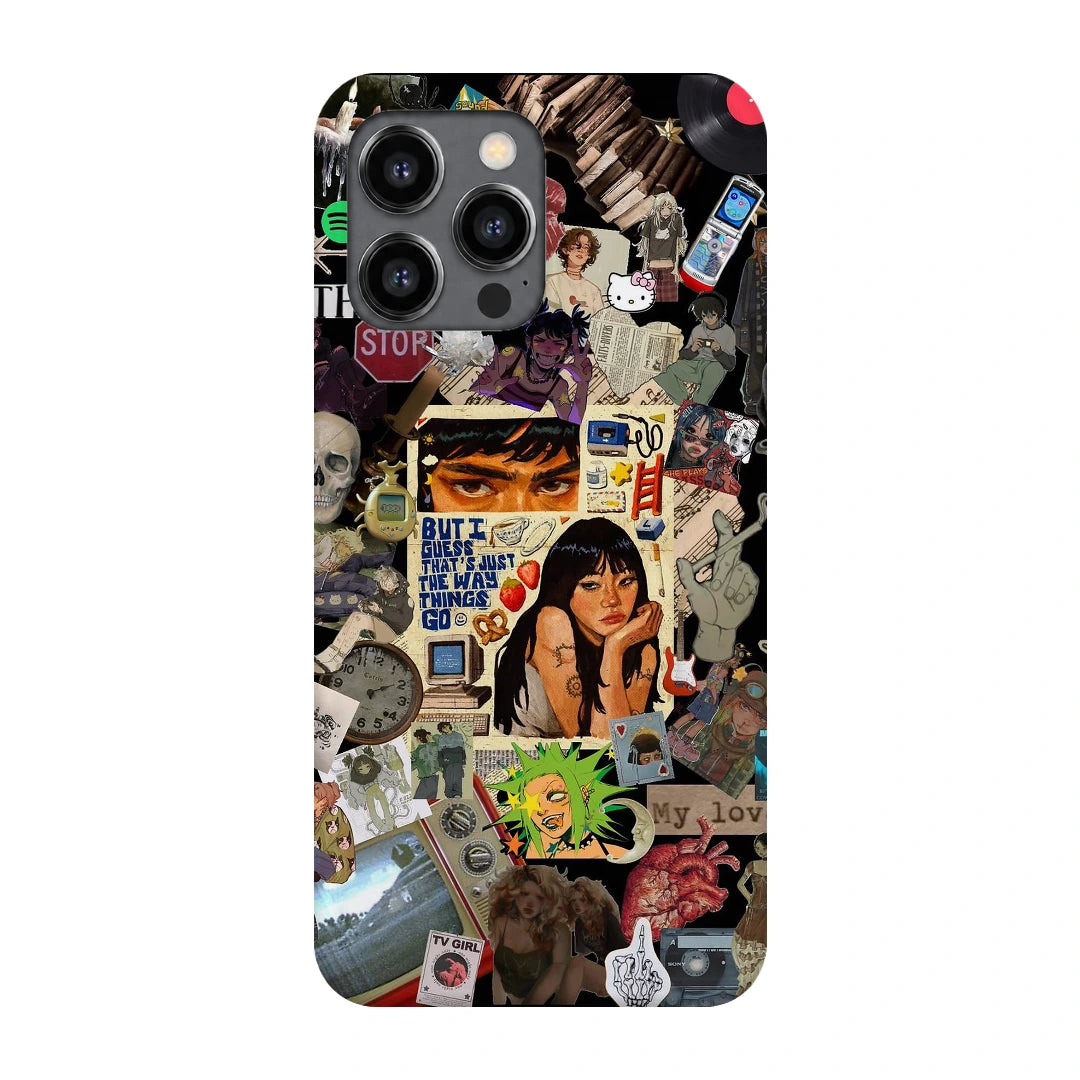 Retro Desi Girl Collage 3D Print iPhone 13 Pro Max Phone Case, back view; a layered collage of illustrated women, stickers and retro paper textures