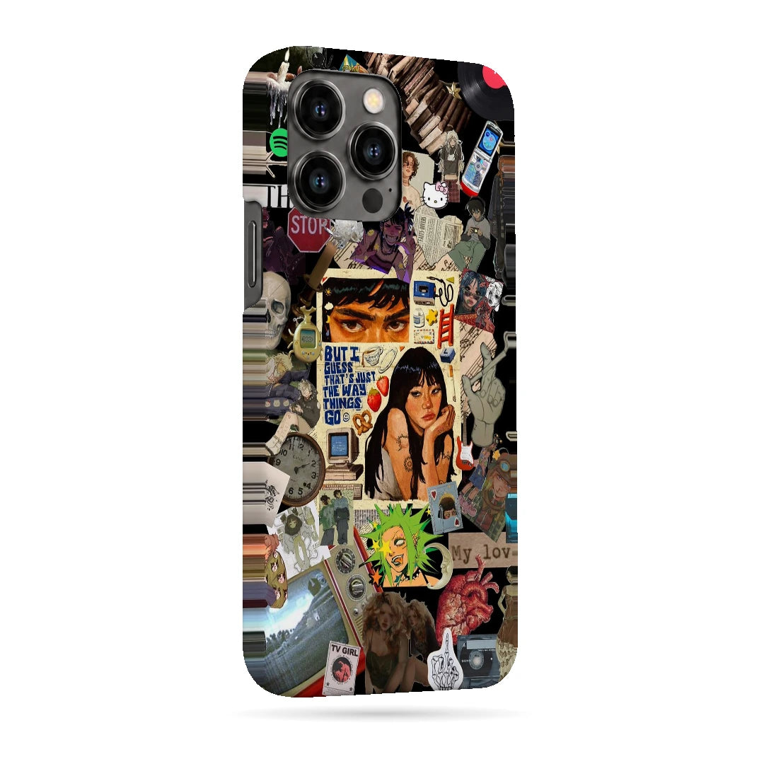 Retro Desi Girl Collage 3D Print iPhone 13 Pro Max Phone Case, right-side view; a layered collage of illustrated women, stickers and retro paper textures