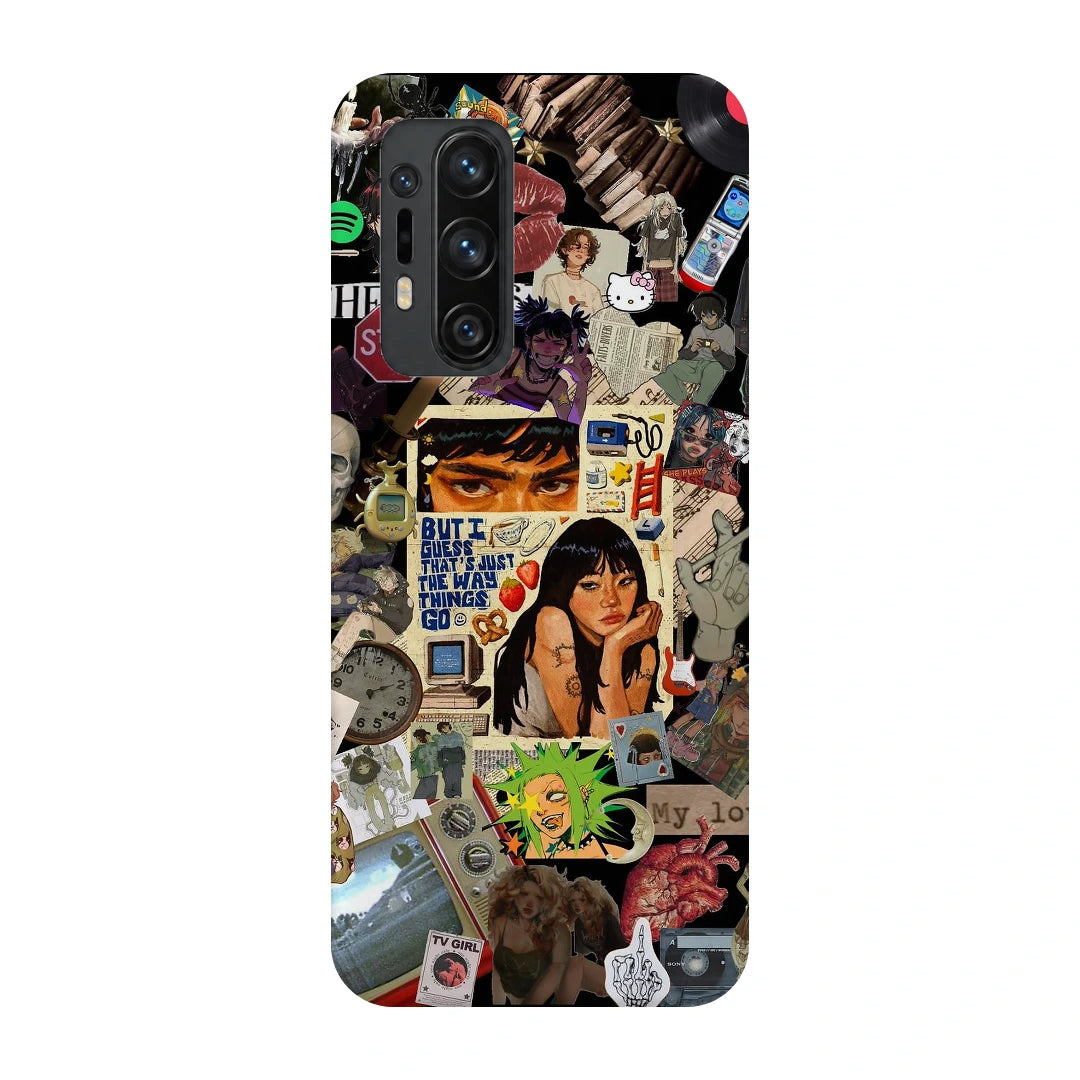 Retro Desi Girl Collage 3D Print OnePlus 8 Pro Phone Case, back view; a layered collage of illustrated women, stickers and retro paper textures