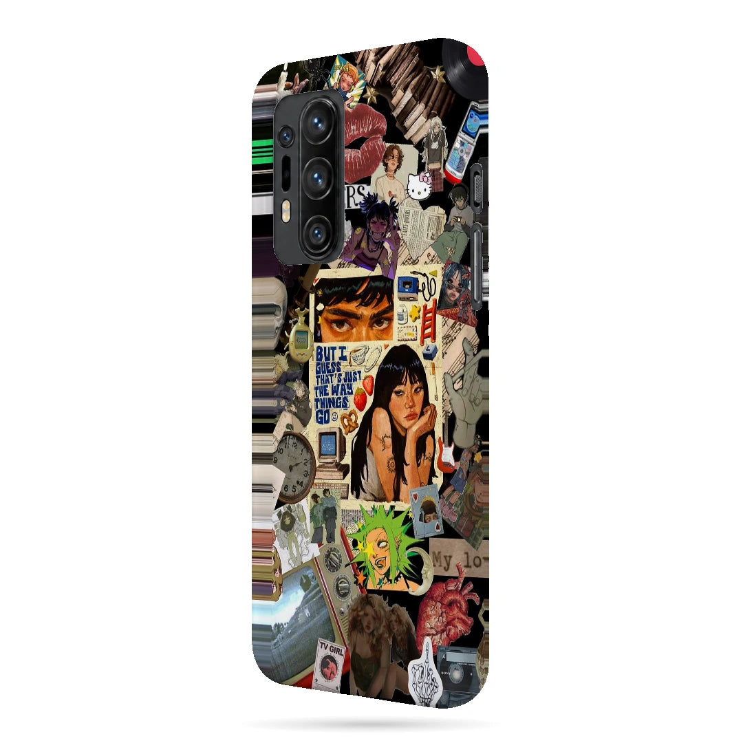 Retro Desi Girl Collage 3D Print OnePlus 8 Pro Phone Case, right-side view; a layered collage of illustrated women, stickers and retro paper textures