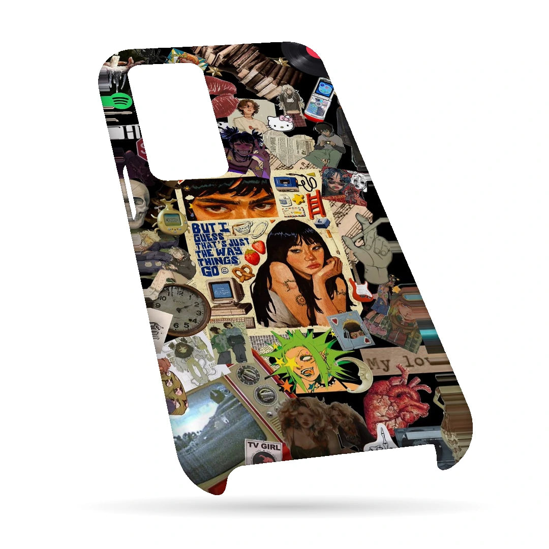 Retro Desi Girl Collage 3D Print OnePlus Nord CE Phone Case, bottom view; a layered collage of illustrated women, stickers and retro paper textures