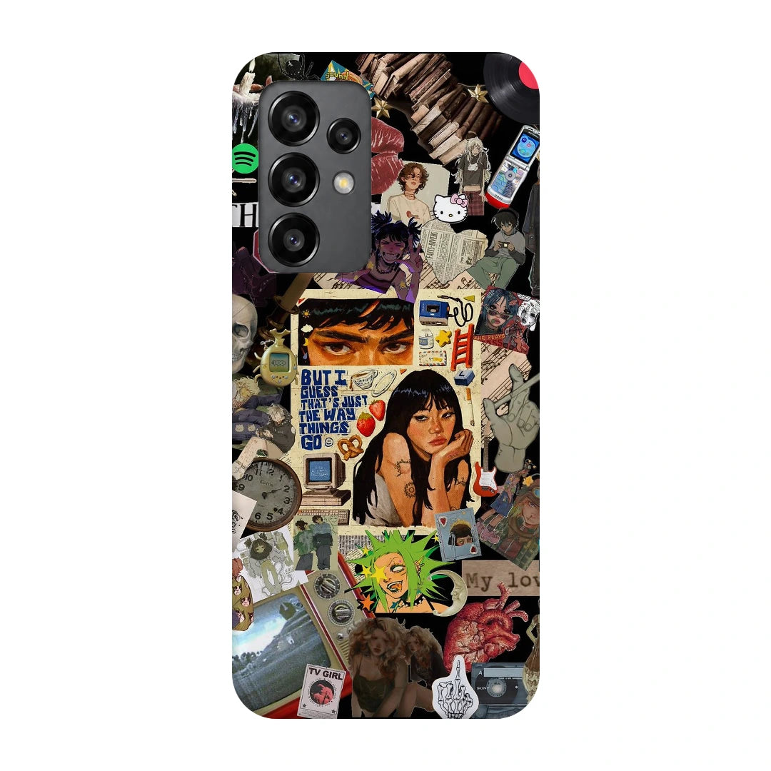 Retro Desi Girl Collage 3D Print Samsung A13 4G Phone Case, back view; a layered collage of illustrated women, stickers and retro paper textures