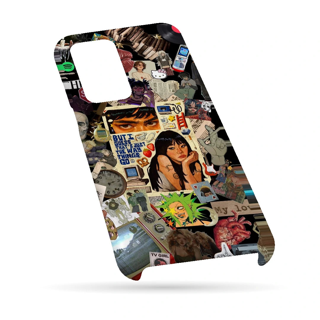 Retro Desi Girl Collage 3D Print Samsung A13 4G Phone Case, bottom view; a layered collage of illustrated women, stickers and retro paper textures