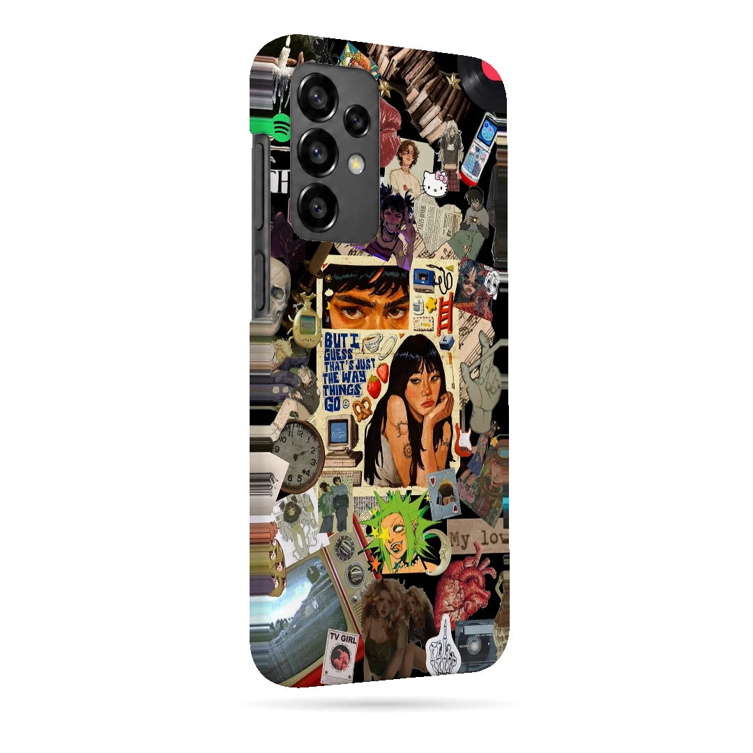 Retro Desi Girl Collage 3D Print Samsung A13 4G Phone Case, right-side view; a layered collage of illustrated women, stickers and retro paper textures