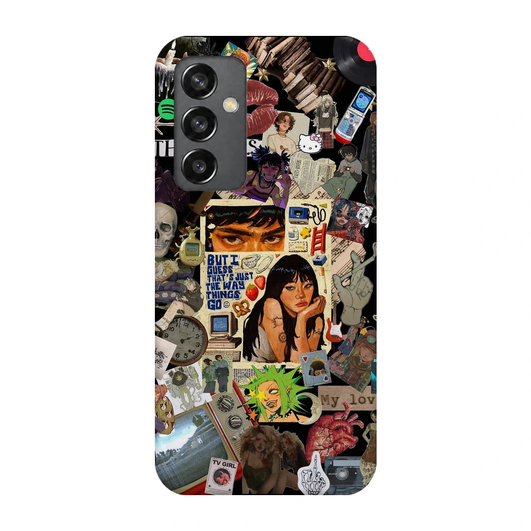 Retro Desi Girl Collage 3D Print Samsung A34 5G Phone Case, back view; a layered collage of illustrated women, stickers and retro paper textures