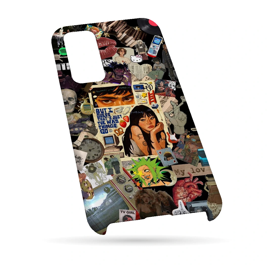 Retro Desi Girl Collage 3D Print Samsung A34 5G Phone Case, bottom view; a layered collage of illustrated women, stickers and retro paper textures