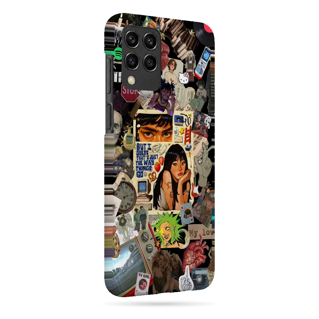 Retro Desi Girl Collage 3D Print Samsung F62 Phone Case, right-side view; a layered collage of illustrated women, stickers and retro paper textures