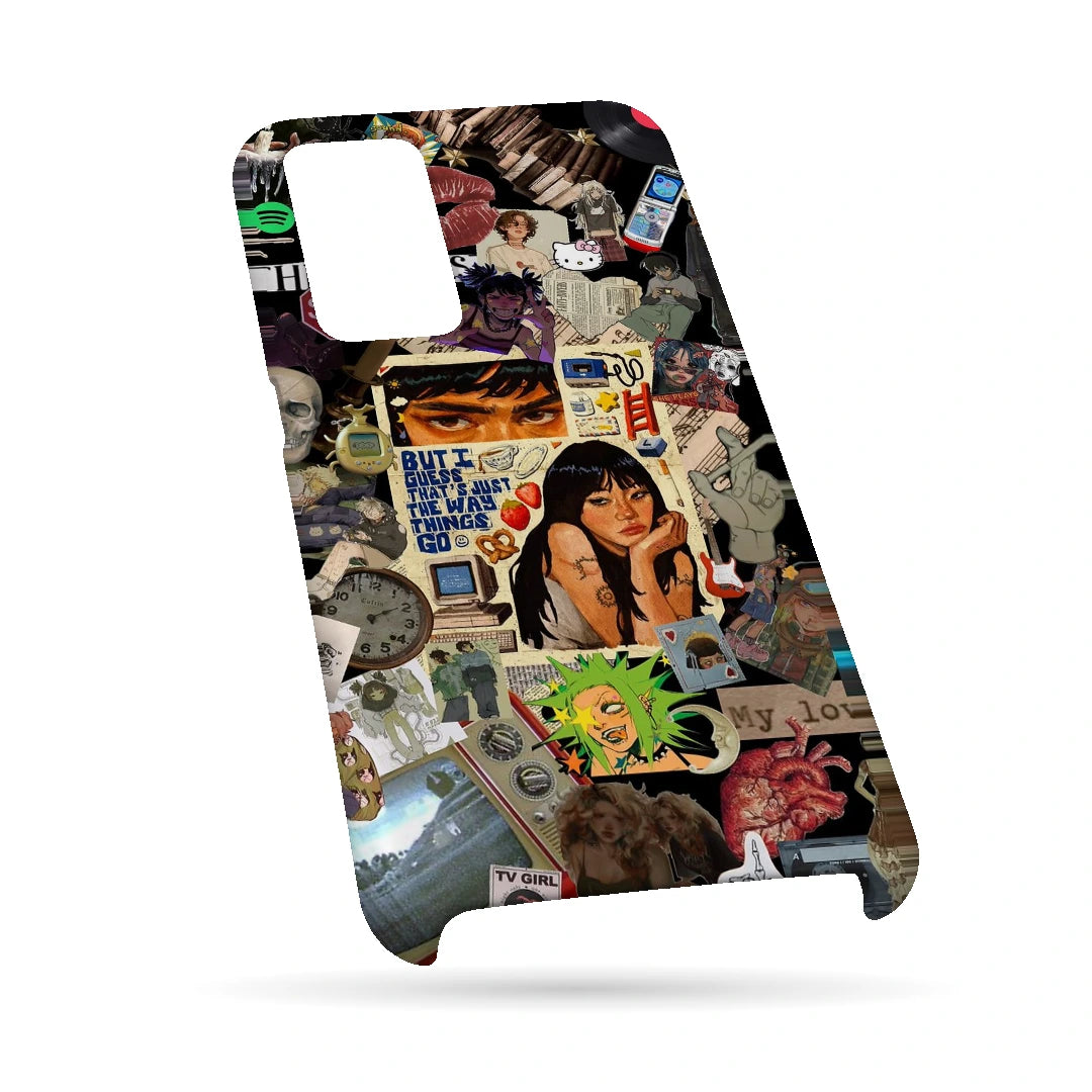 Retro Desi Girl Collage 3D Print Samsung M32 5G Phone Case, bottom view; a layered collage of illustrated women, stickers and retro paper textures