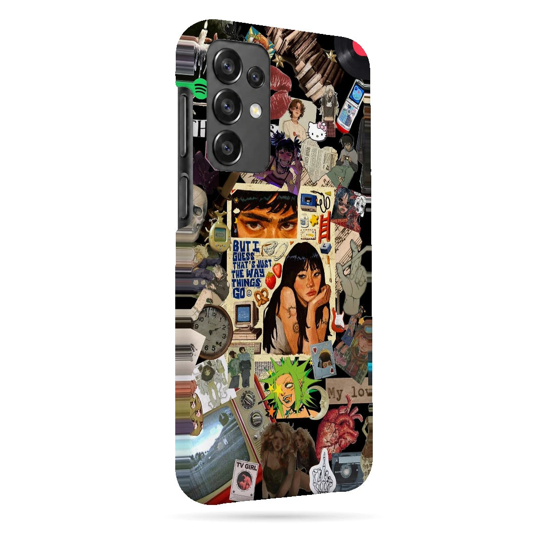 Retro Desi Girl Collage 3D Print Samsung M32 5G Phone Case, right-side view; a layered collage of illustrated women, stickers and retro paper textures