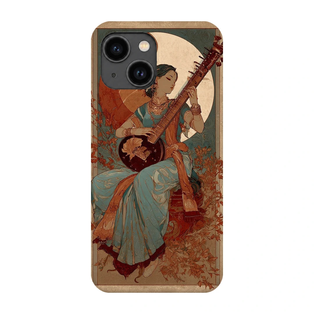 Classical Music Portrait 3D Print iPhone 13 Phone Case, back view; a traditionally dressed musician playing a string instrument among vintage floral textures