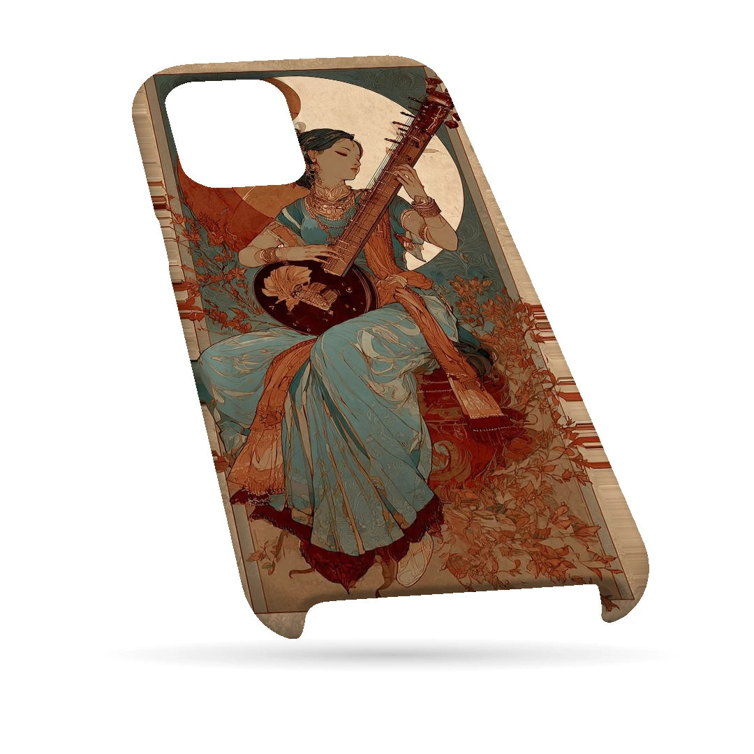 Classical Music Portrait 3D Print iPhone 13 Phone Case, bottom view; a traditionally dressed musician playing a string instrument among vintage floral textures