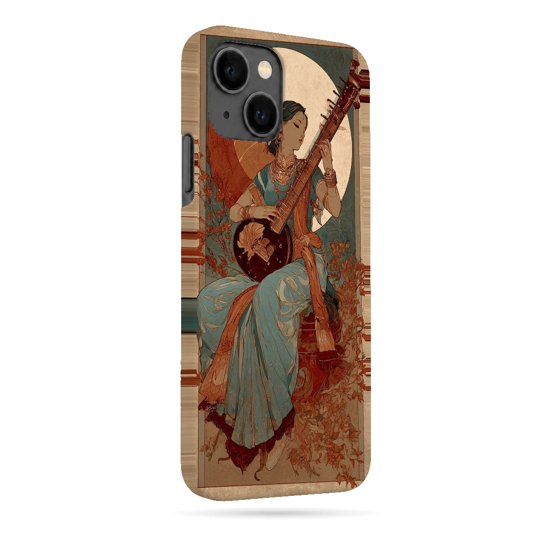 Classical Music Portrait 3D Print iPhone 13 Phone Case, right-side view; a traditionally dressed musician playing a string instrument among vintage floral textures