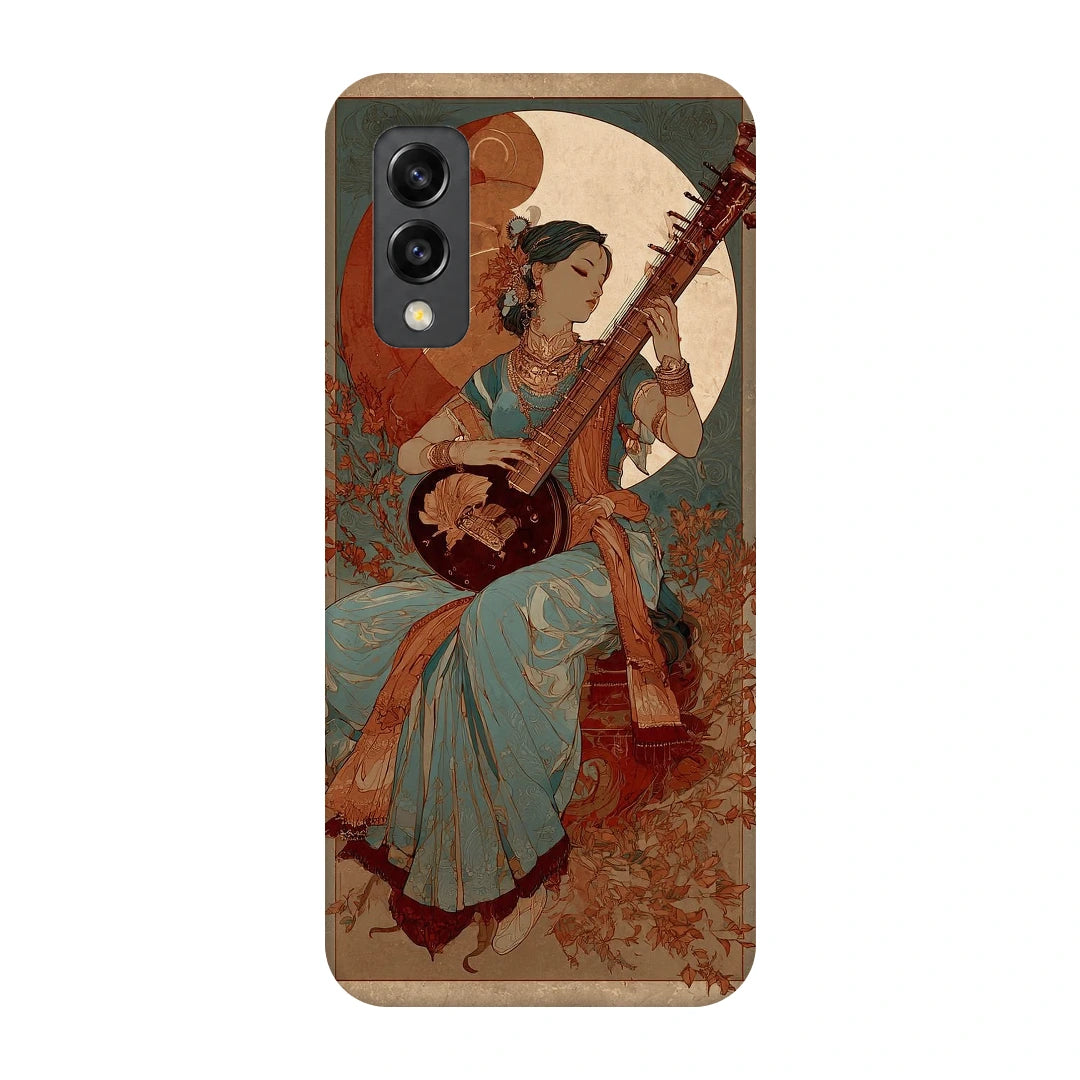 Classical Music Portrait 3D Print Samsung M02 Phone Case, back view; a traditionally dressed musician playing a string instrument among vintage floral textures