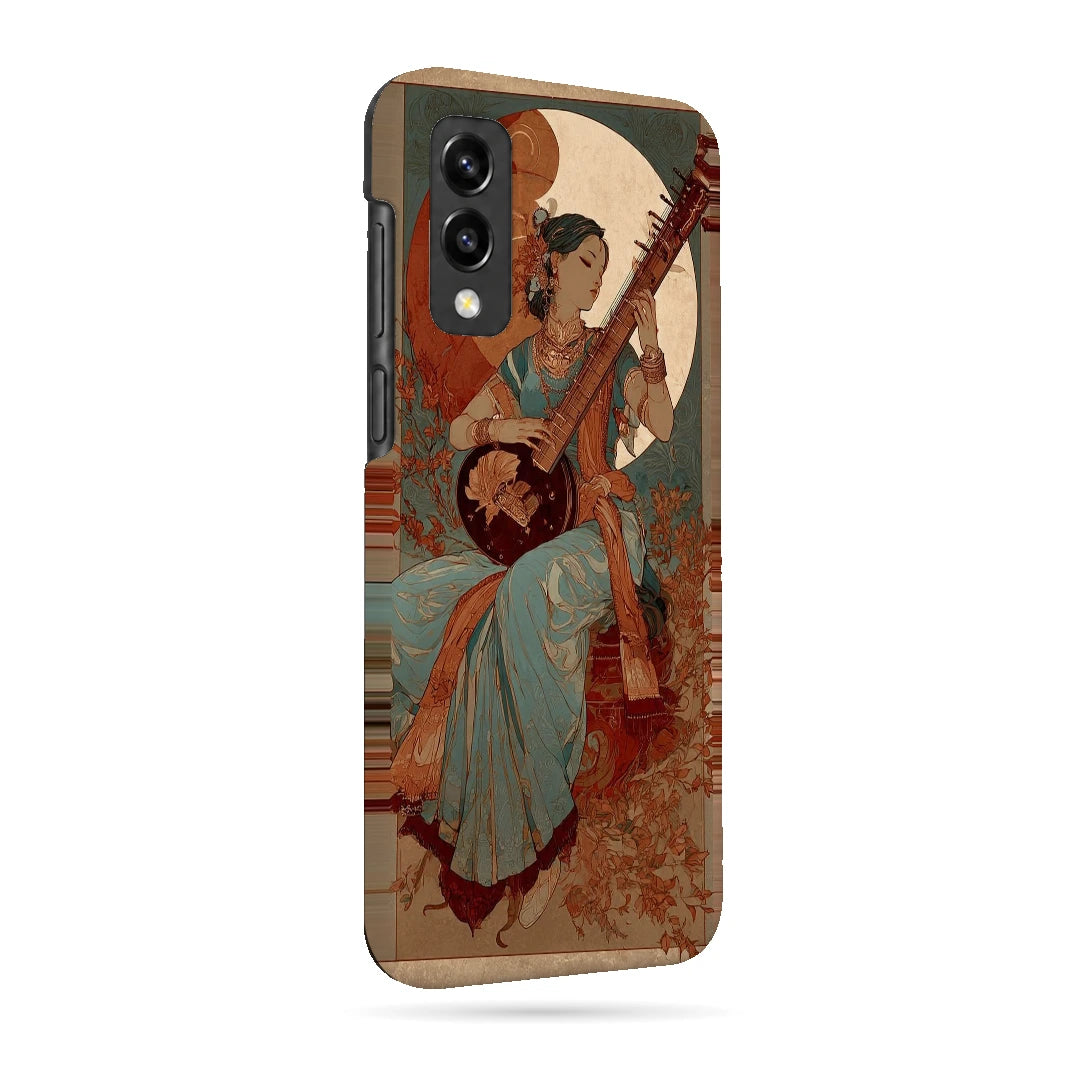 Classical Music Portrait 3D Print Samsung M02 Phone Case, right-side view; a traditionally dressed musician playing a string instrument among vintage floral textures