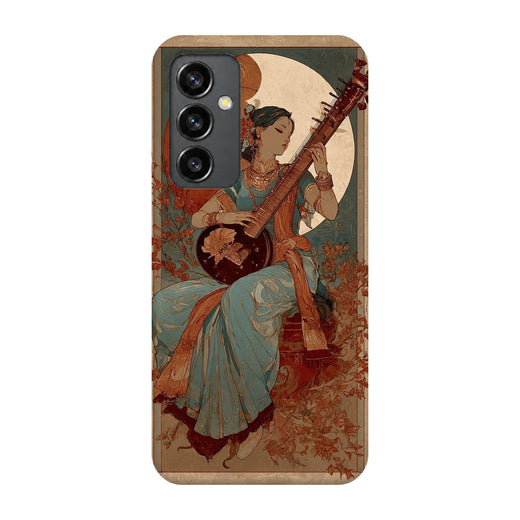 Classical Music Portrait 3D Print Samsung S23 FE Phone Case, back view; a traditionally dressed musician playing a string instrument among vintage floral textures