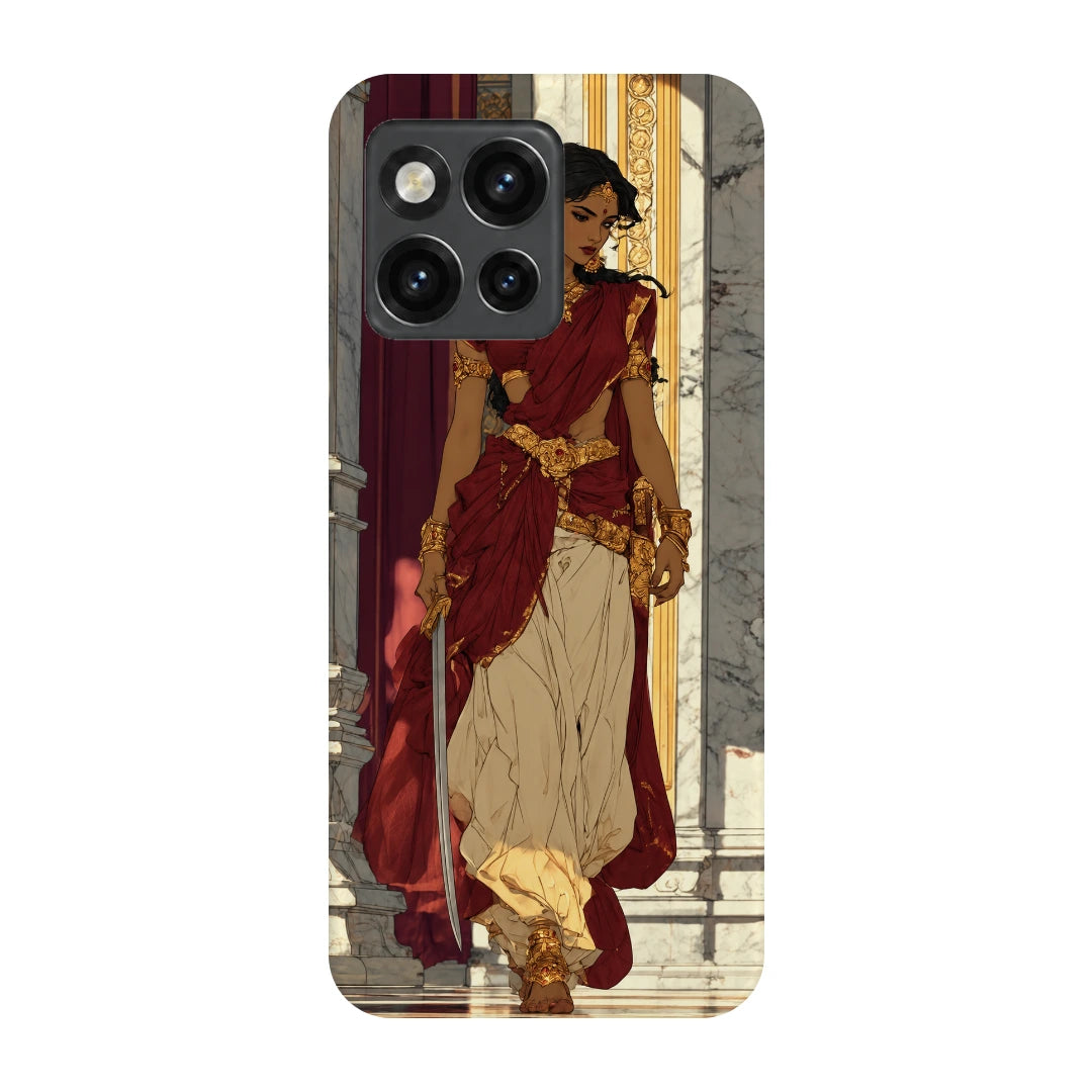 Saree Street Portrait 3D Print OnePlus 10T Phone Case, back view; a woman in a cream and red saree standing beside an urban railing
