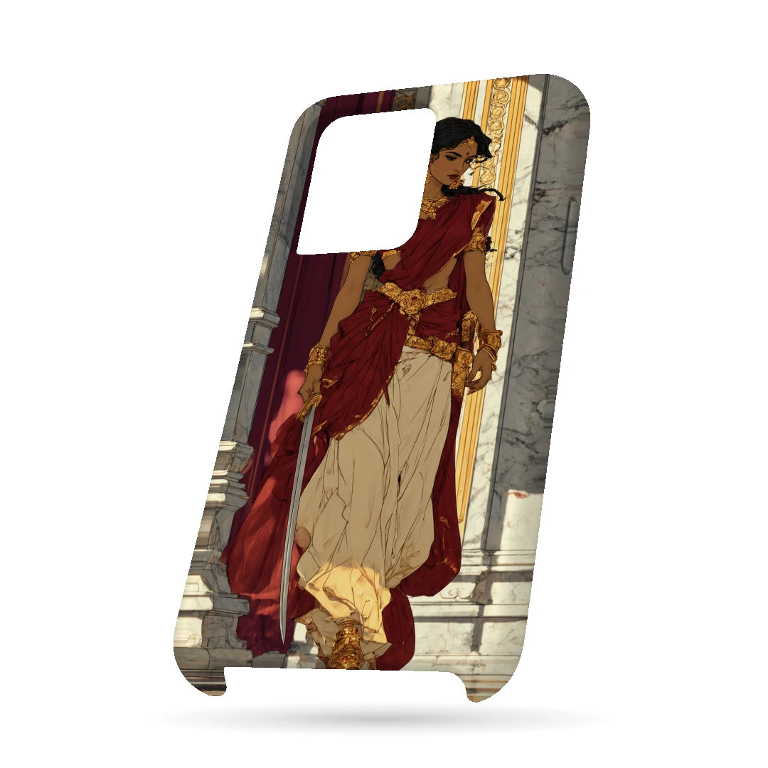 Saree Street Portrait 3D Print OnePlus 10T Phone Case, bottom view; a woman in a cream and red saree standing beside an urban railing