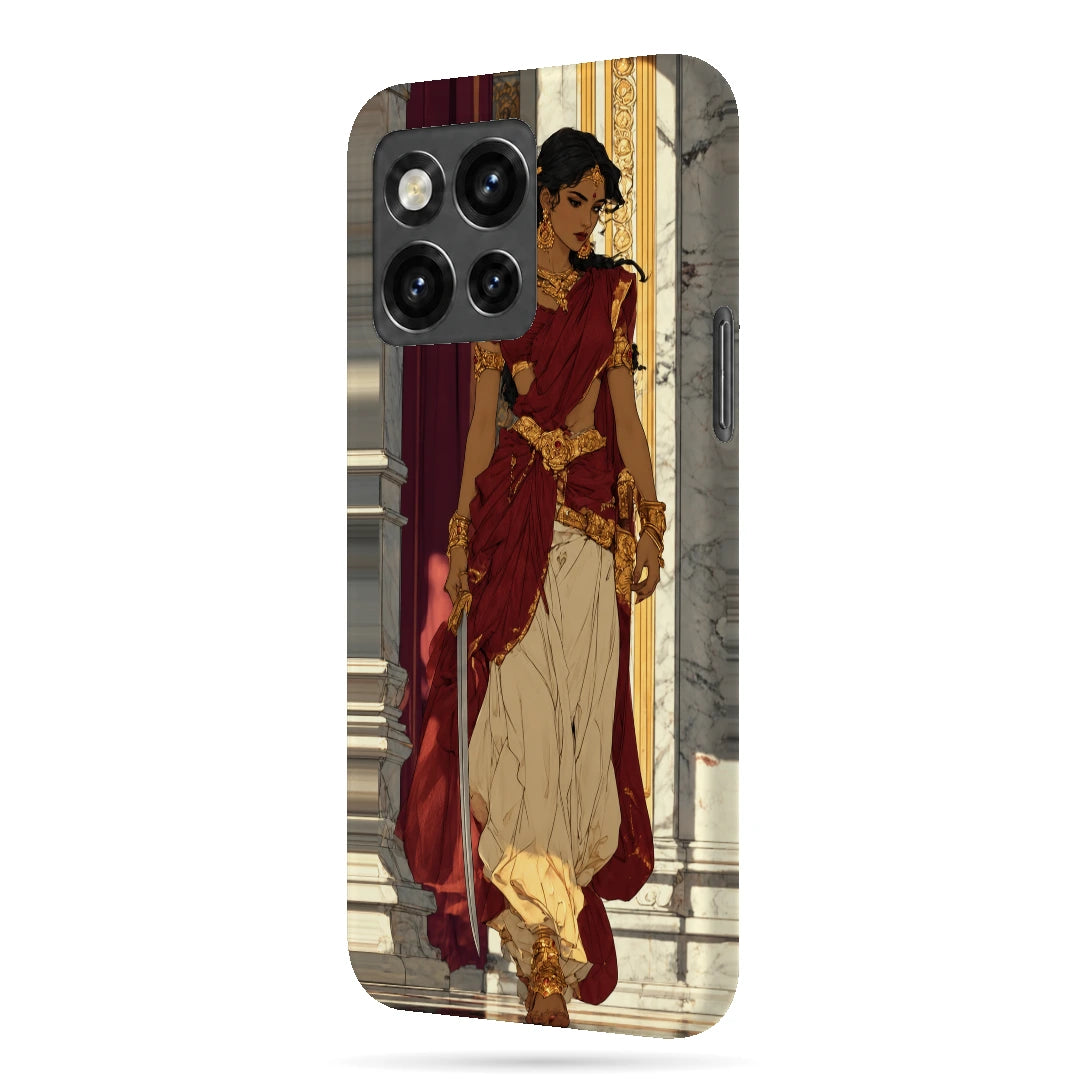 Saree Street Portrait 3D Print OnePlus 10T Phone Case, right-side view; a woman in a cream and red saree standing beside an urban railing