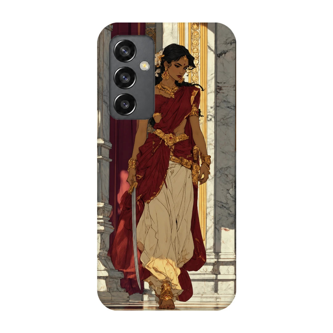 Saree Street Portrait 3D Print Samsung A34 5G Phone Case, back view; a woman in a cream and red saree standing beside an urban railing