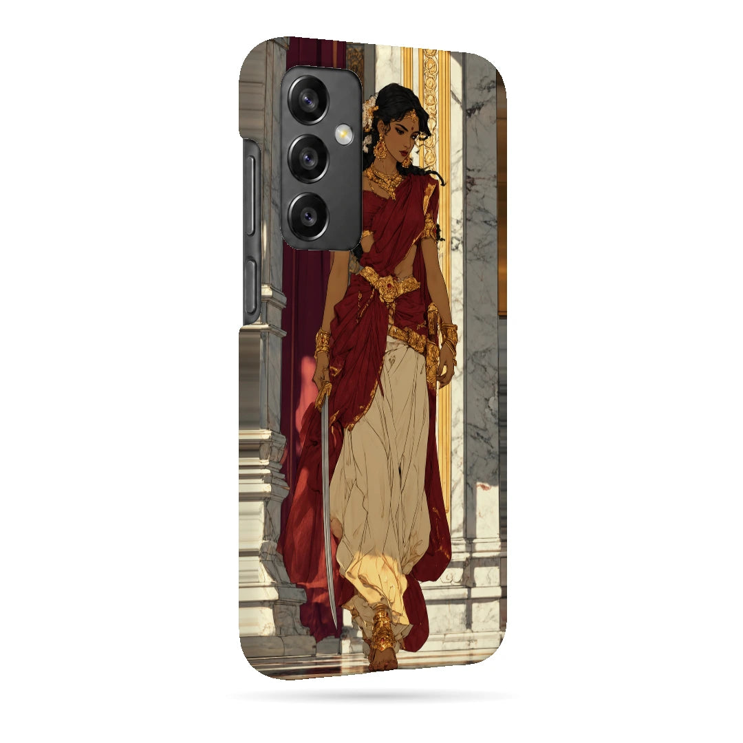 Saree Street Portrait 3D Print Samsung A34 5G Phone Case, right-side view; a woman in a cream and red saree standing beside an urban railing