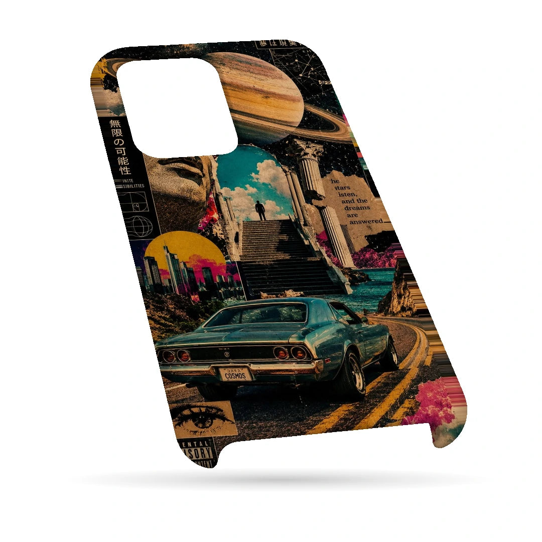 Saturn Retro Drive 3D Print iPhone 13 Pro Phone Case, bottom view; a retro car and city collage beneath a large ringed planet