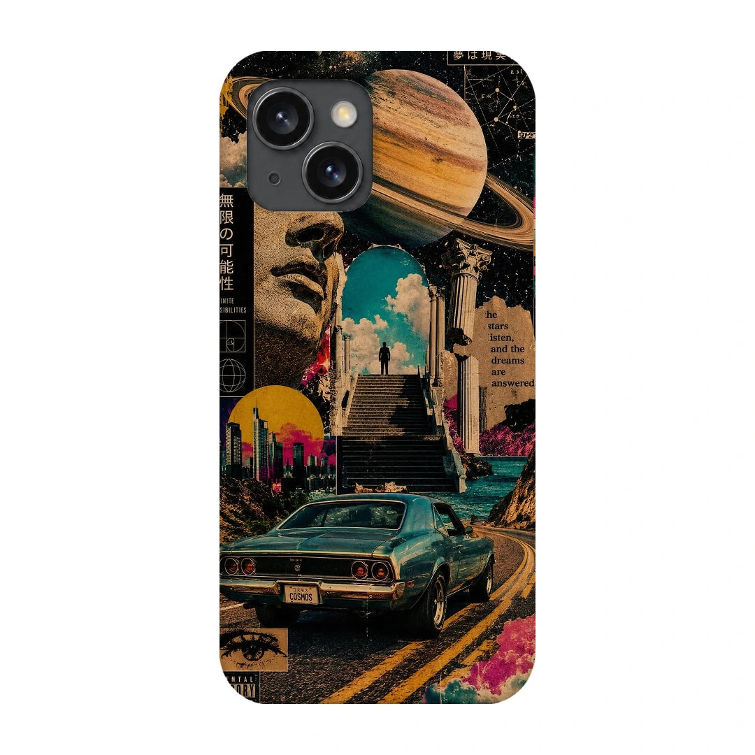 Saturn Retro Drive 3D Print iPhone 15 Phone Case, back view; a retro car and city collage beneath a large ringed planet