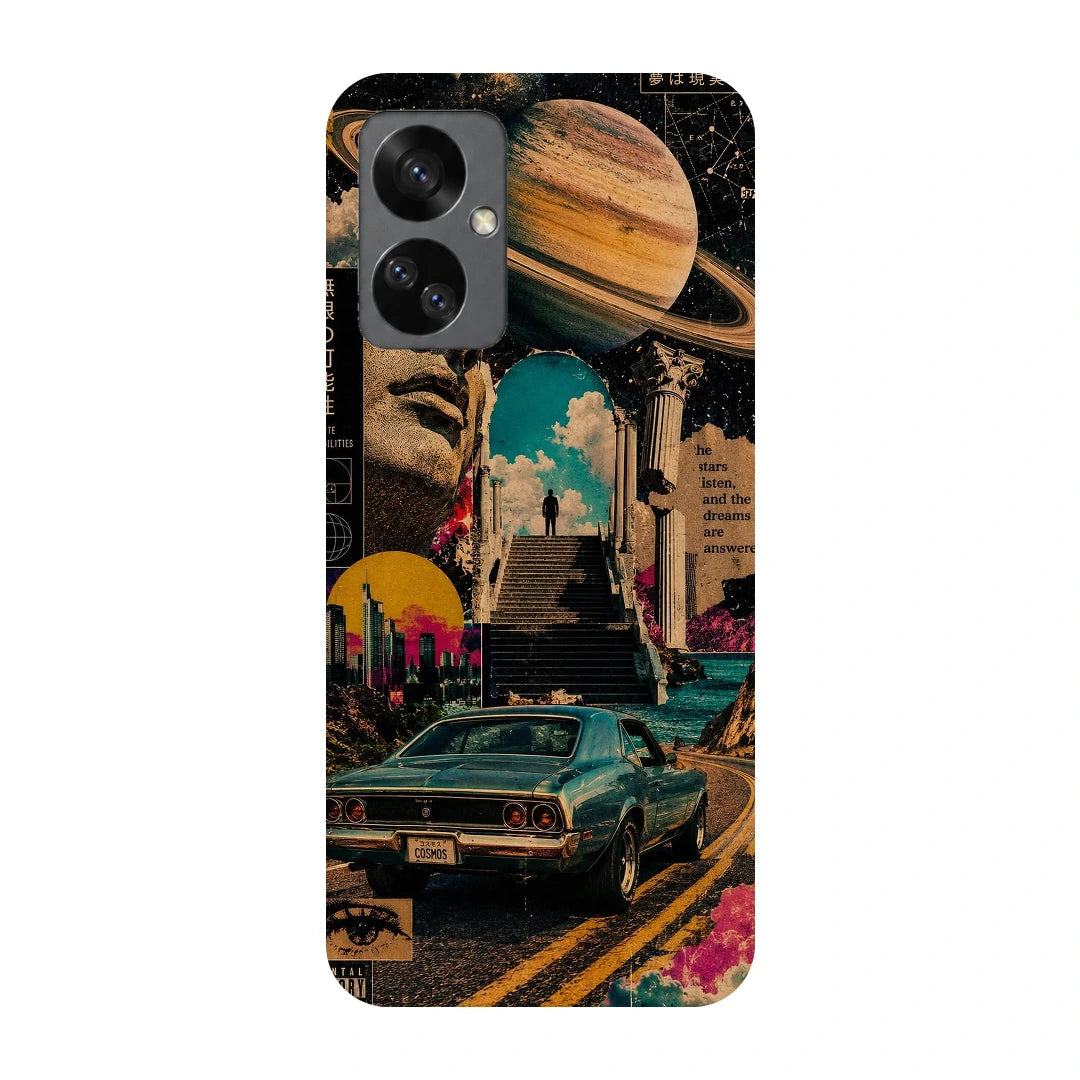 Saturn Retro Drive 3D Print OnePlus Nord 2T Phone Case, back view; a retro car and city collage beneath a large ringed planet