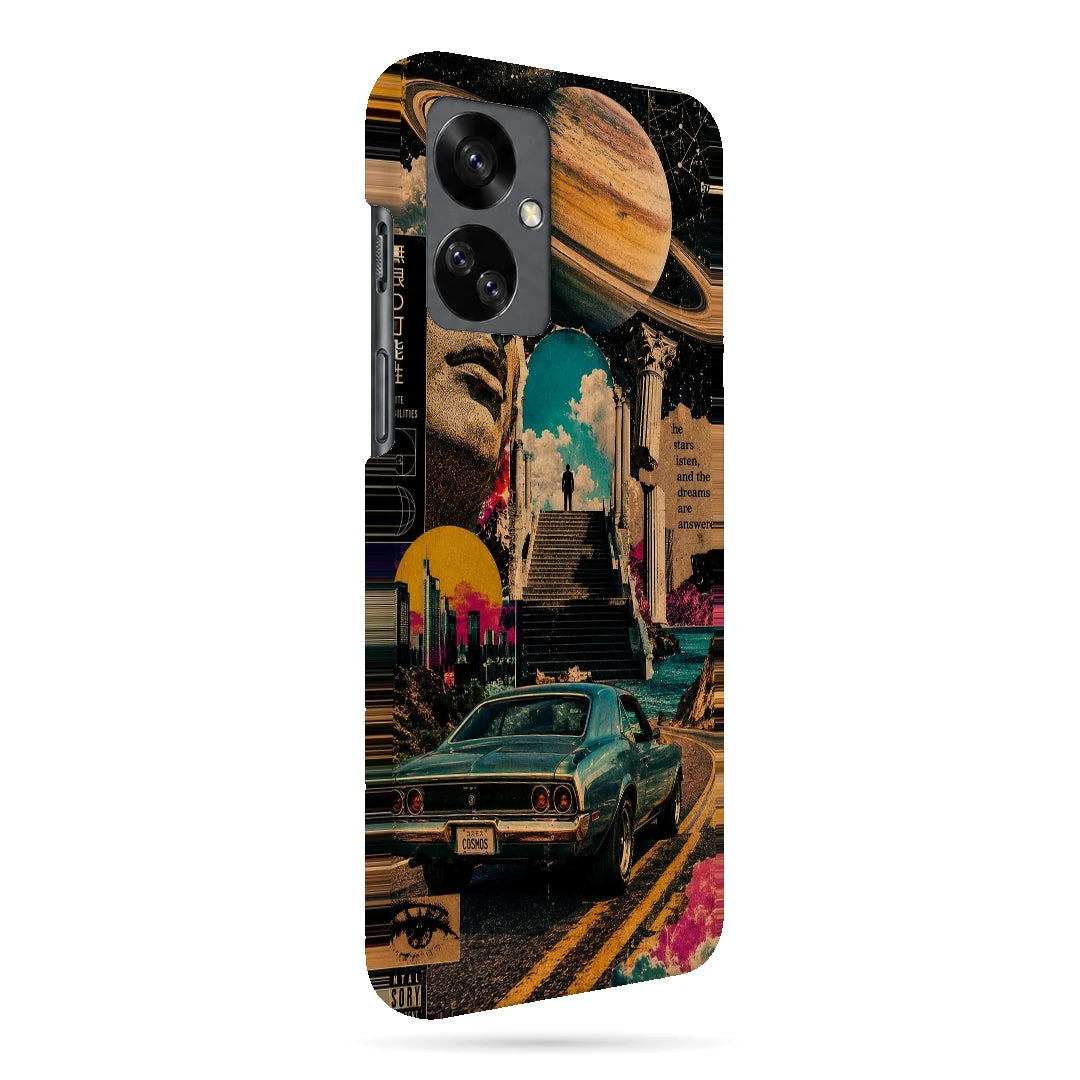 Saturn Retro Drive 3D Print OnePlus Nord 2T Phone Case, right-side view; a retro car and city collage beneath a large ringed planet