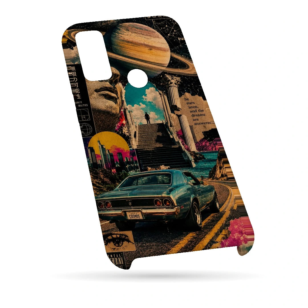 Saturn Retro Drive 3D Print Samsung M11 Phone Case, bottom view; a retro car and city collage beneath a large ringed planet