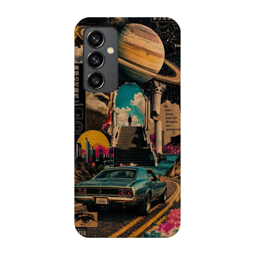 Saturn Retro Drive 3D Print Samsung S23 FE Phone Case, back view; a retro car and city collage beneath a large ringed planet