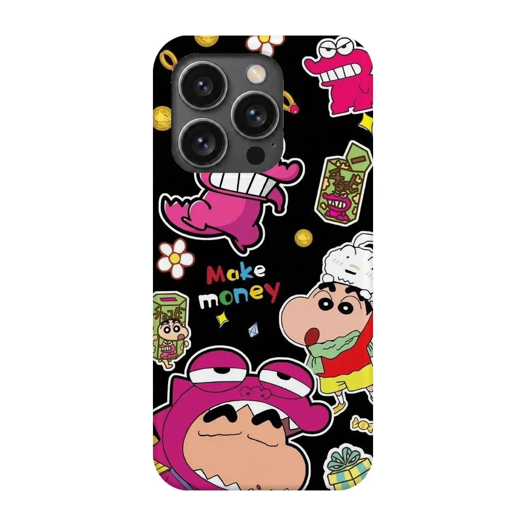 Shin Chan Sticker Pop 3D Print iPhone 14 Pro Phone Case, back view; Shin Chan-style cartoon graphics with bright pink and yellow sticker details