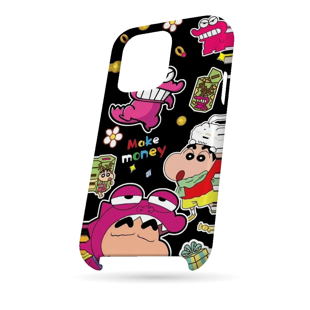 Shin Chan Sticker Pop 3D Print iPhone 14 Pro Phone Case, bottom view; Shin Chan-style cartoon graphics with bright pink and yellow sticker details