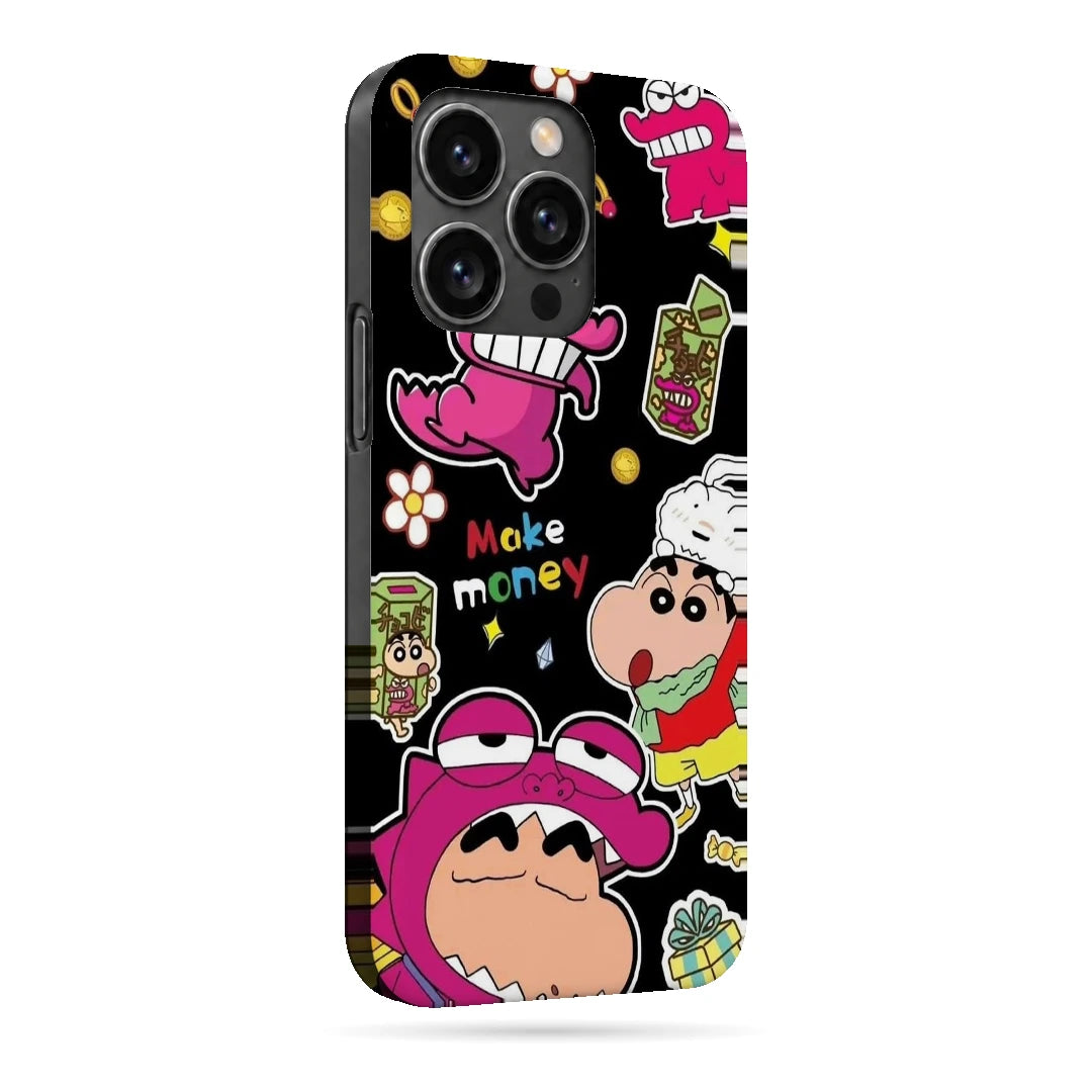 Shin Chan Sticker Pop 3D Print iPhone 14 Pro Phone Case, right-side view; Shin Chan-style cartoon graphics with bright pink and yellow sticker details