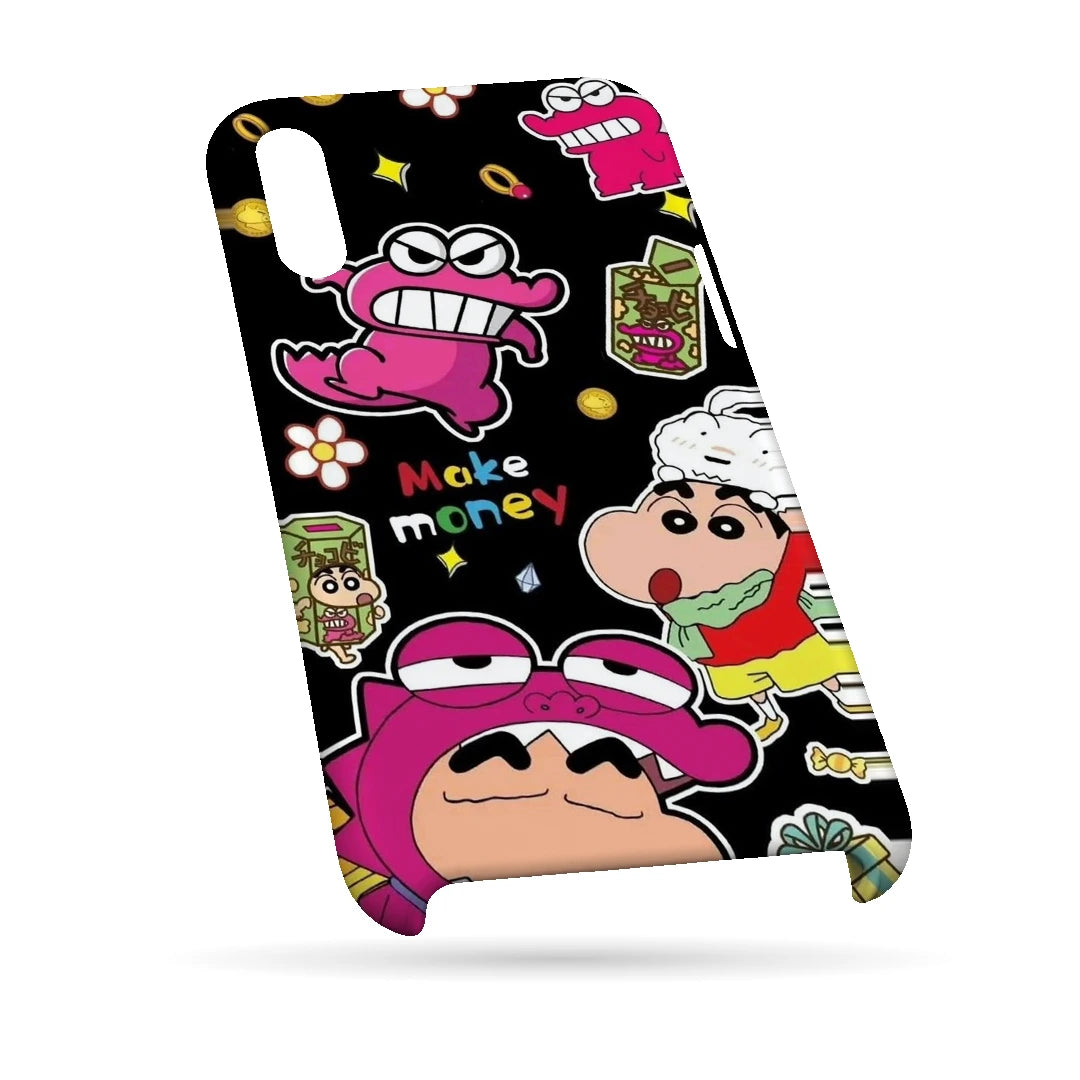 Shin Chan Sticker Pop 3D Print iPhone XS Max Phone Case, bottom view; Shin Chan-style cartoon graphics with bright pink and yellow sticker details