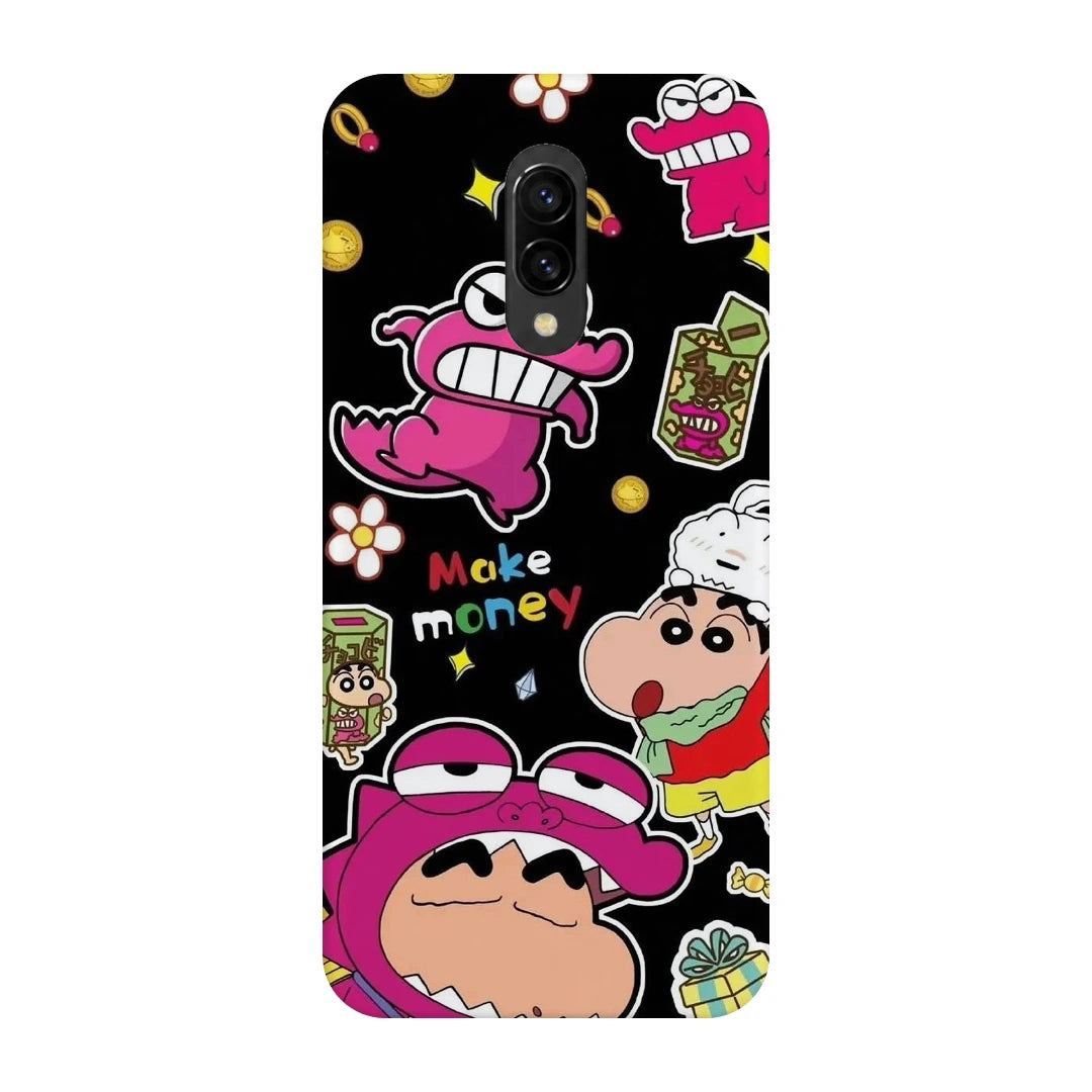 Shin Chan Sticker Pop 3D Print OnePlus 7 Phone Case, back view; Shin Chan-style cartoon graphics with bright pink and yellow sticker details