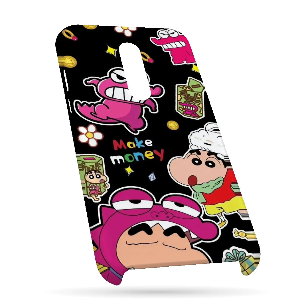 Shin Chan Sticker Pop 3D Print OnePlus 7 Phone Case, bottom view; Shin Chan-style cartoon graphics with bright pink and yellow sticker details