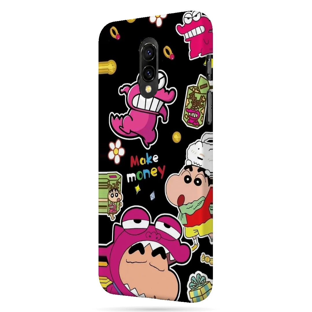Shin Chan Sticker Pop 3D Print OnePlus 7 Phone Case, right-side view; Shin Chan-style cartoon graphics with bright pink and yellow sticker details