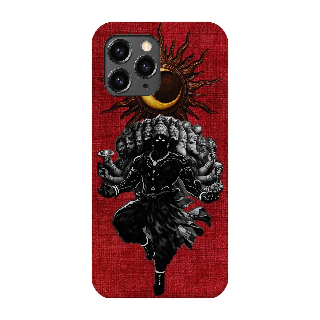 Shiva Cosmic Eclipse 3D Print iPhone 11 Pro Phone Case, back view; a dark Shiva figure below an eclipse on a red background
