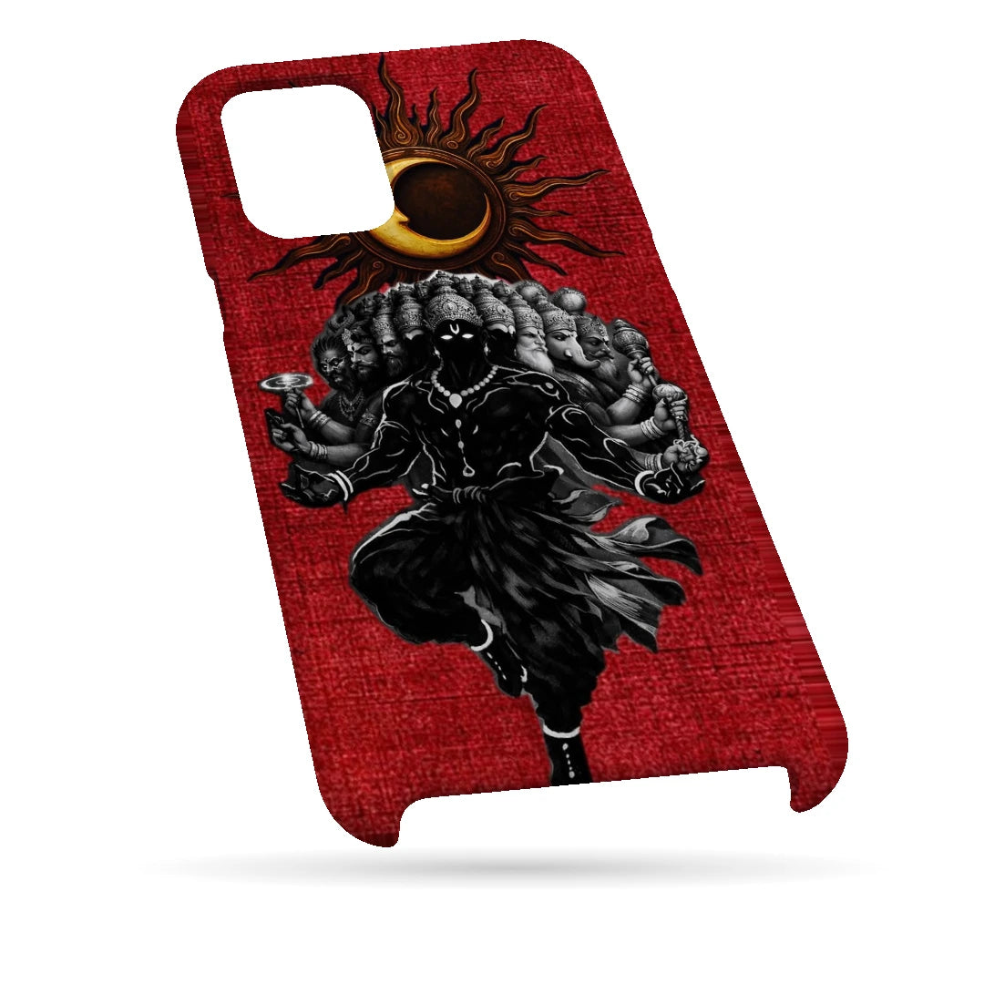 Shiva Cosmic Eclipse 3D Print iPhone 11 Pro Phone Case, bottom view; a dark Shiva figure below an eclipse on a red background