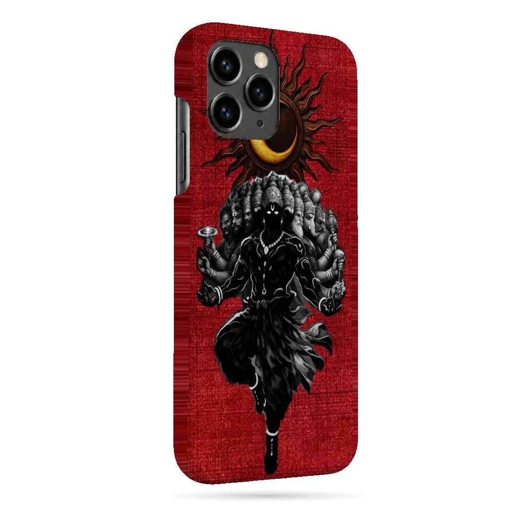 Shiva Cosmic Eclipse 3D Print iPhone 11 Pro Phone Case, right-side view; a dark Shiva figure below an eclipse on a red background