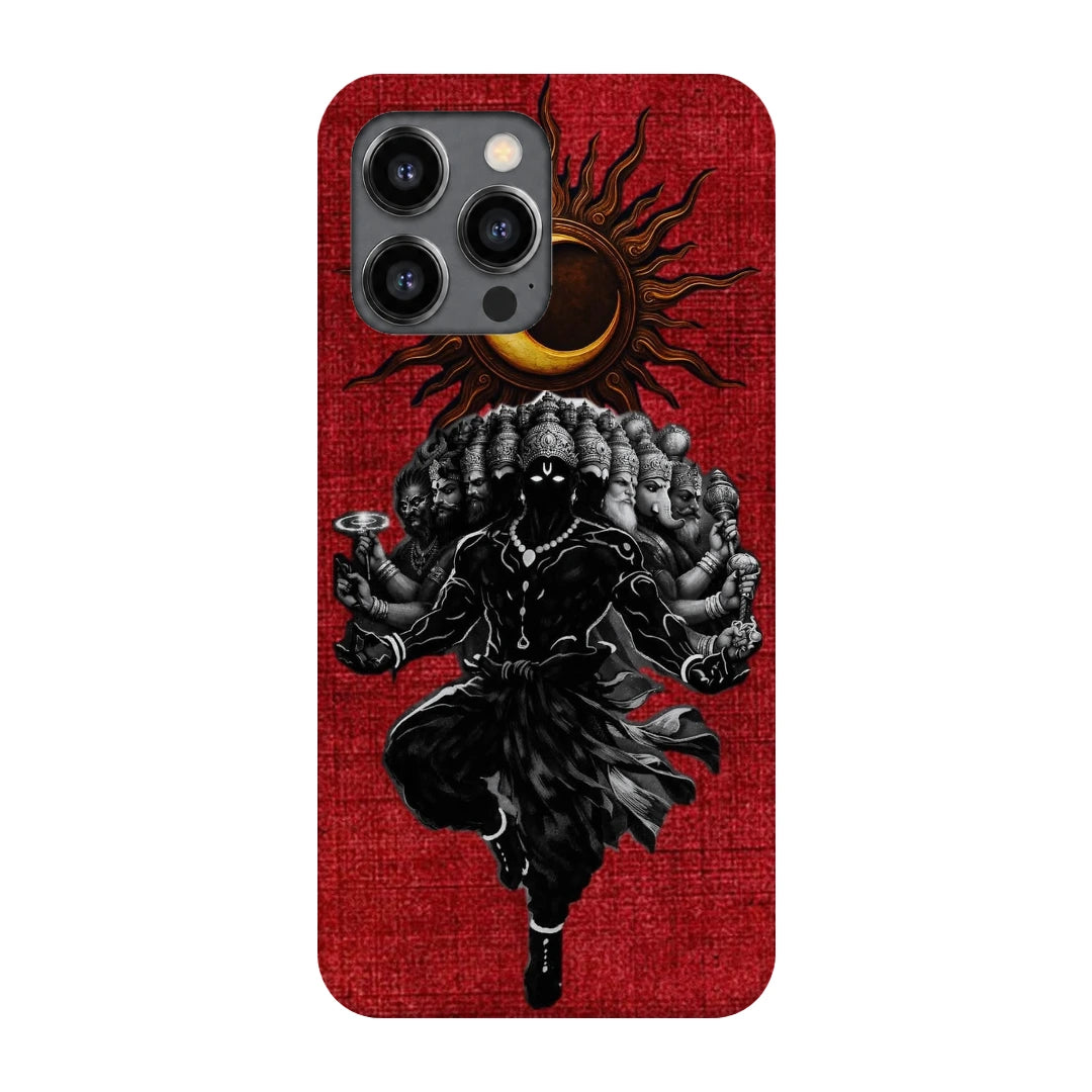 Shiva Cosmic Eclipse 3D Print iPhone 13 Pro Max Phone Case, back view; a dark Shiva figure below an eclipse on a red background