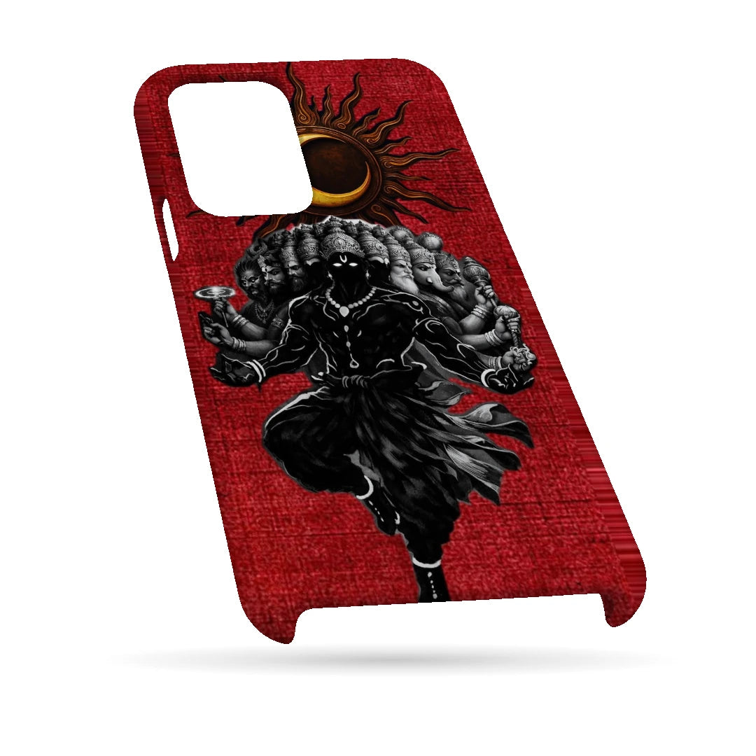 Shiva Cosmic Eclipse 3D Print iPhone 13 Pro Max Phone Case, bottom view; a dark Shiva figure below an eclipse on a red background
