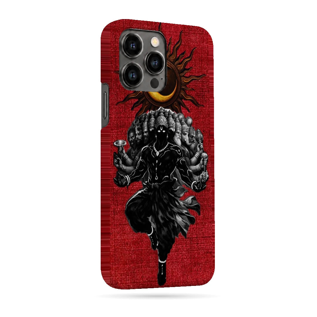 Shiva Cosmic Eclipse 3D Print iPhone 13 Pro Max Phone Case, right-side view; a dark Shiva figure below an eclipse on a red background