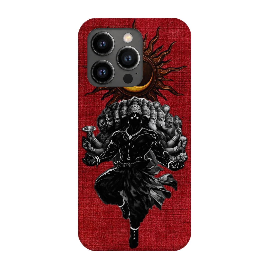 Shiva Cosmic Eclipse 3D Print iPhone 13 Pro Phone Case, back view; a dark Shiva figure below an eclipse on a red background