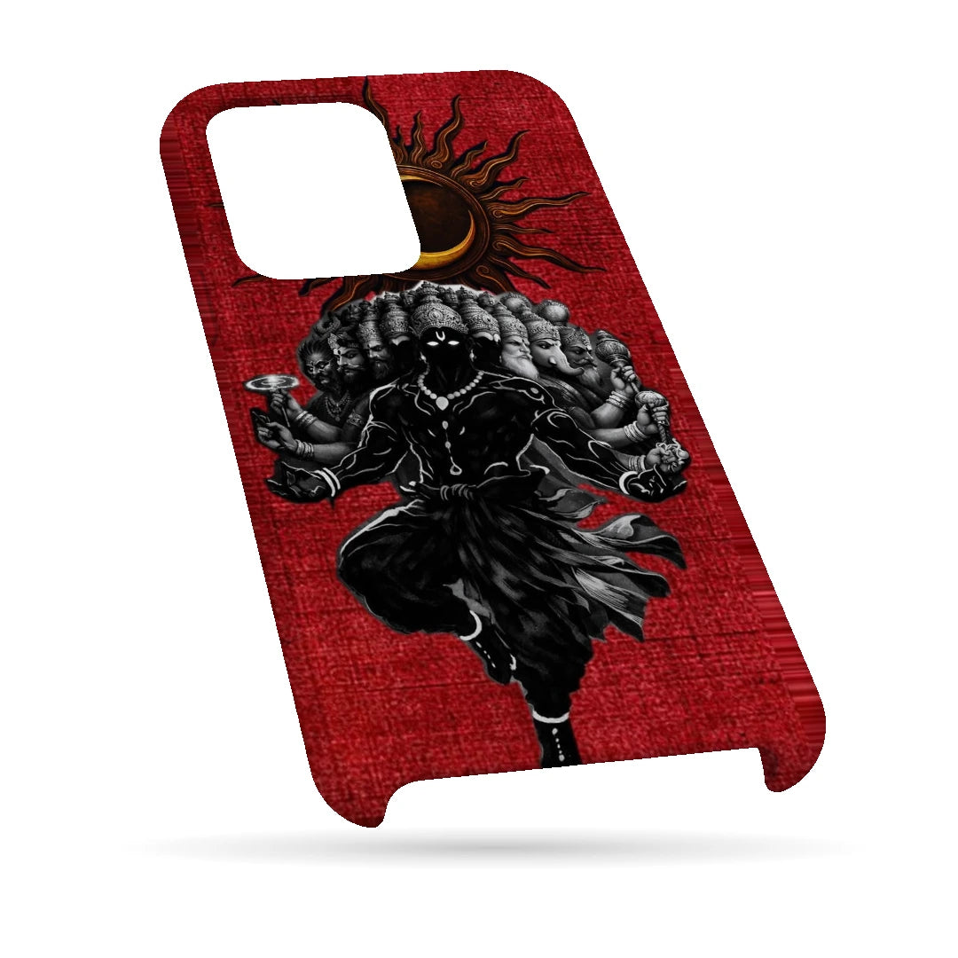 Shiva Cosmic Eclipse 3D Print iPhone 13 Pro Phone Case, bottom view; a dark Shiva figure below an eclipse on a red background