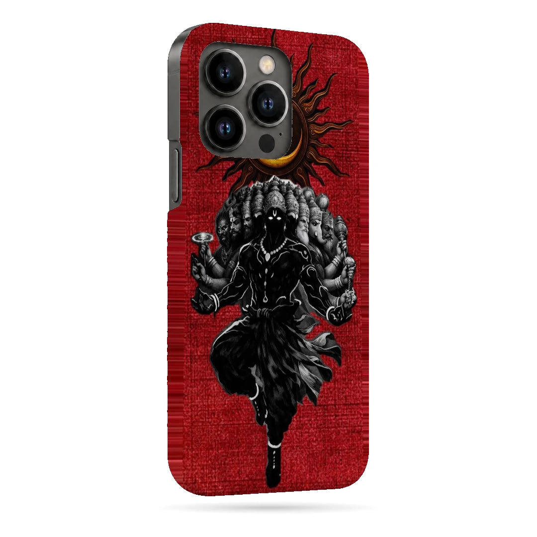 Shiva Cosmic Eclipse 3D Print iPhone 13 Pro Phone Case, right-side view; a dark Shiva figure below an eclipse on a red background