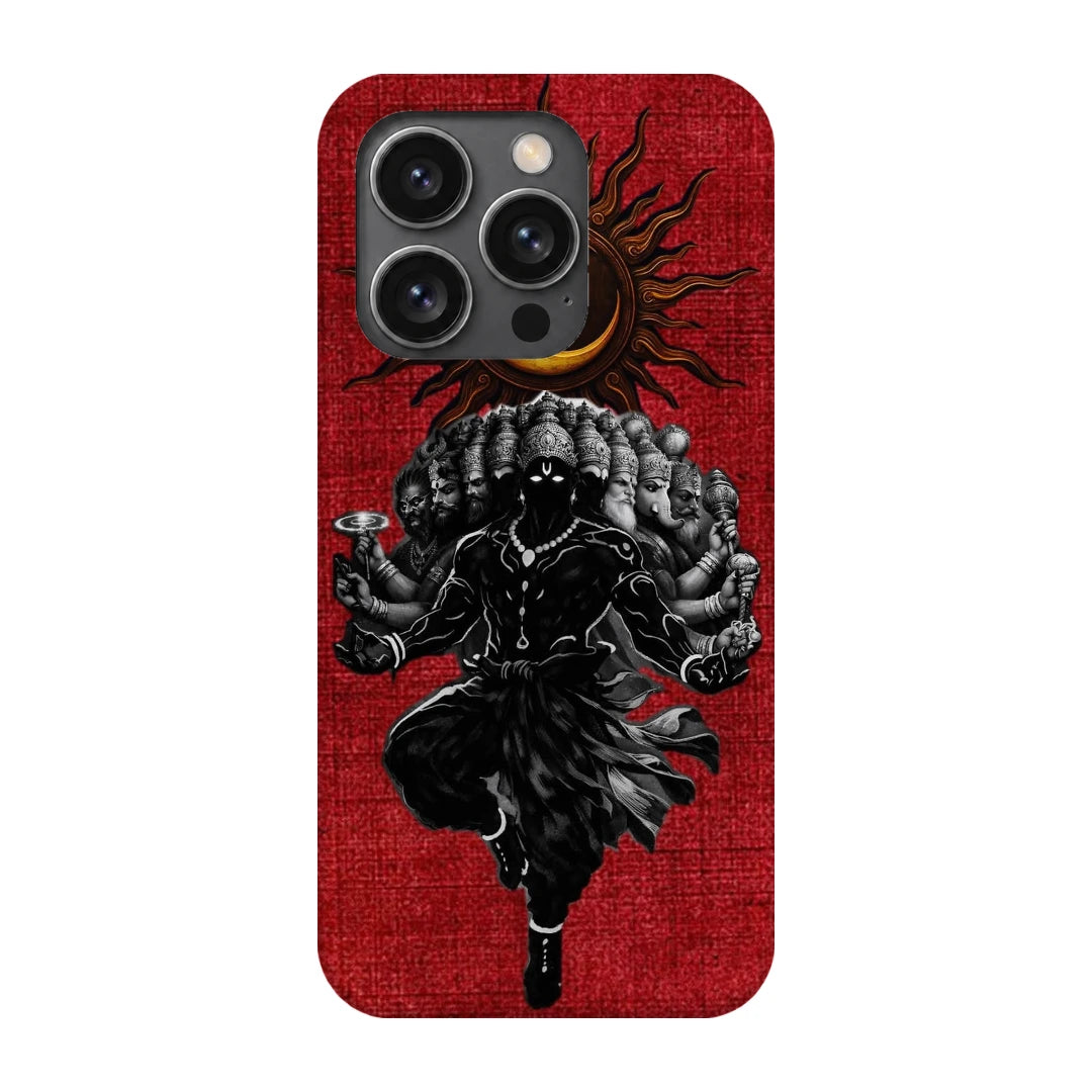 Shiva Cosmic Eclipse 3D Print iPhone 14 Pro Phone Case, back view; a dark Shiva figure below an eclipse on a red background