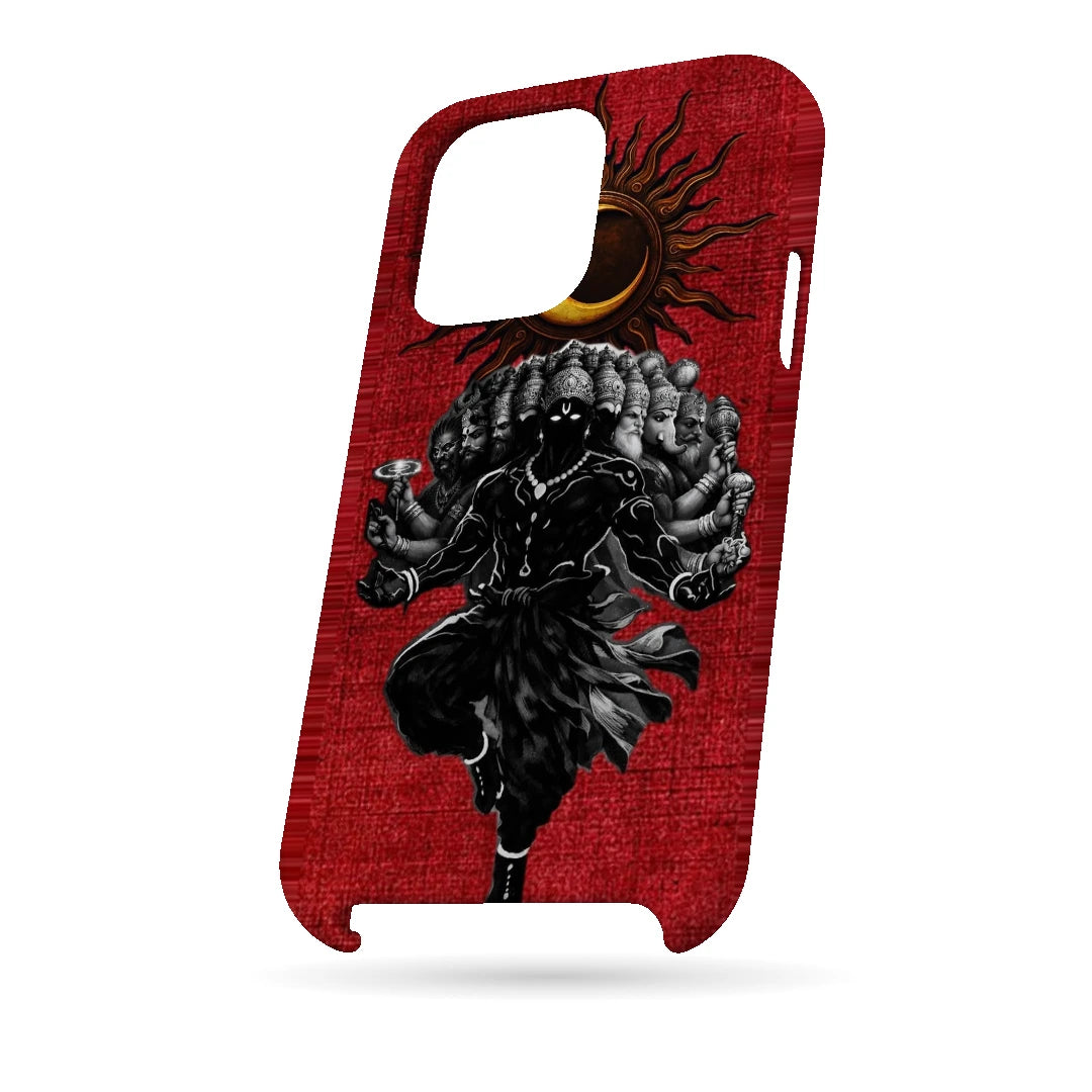 Shiva Cosmic Eclipse 3D Print iPhone 14 Pro Phone Case, bottom view; a dark Shiva figure below an eclipse on a red background