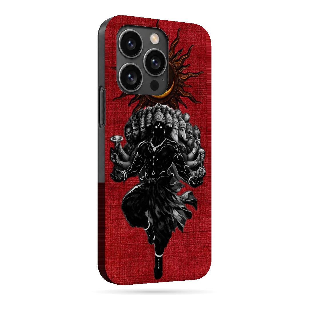 Shiva Cosmic Eclipse 3D Print iPhone 14 Pro Phone Case, right-side view; a dark Shiva figure below an eclipse on a red background
