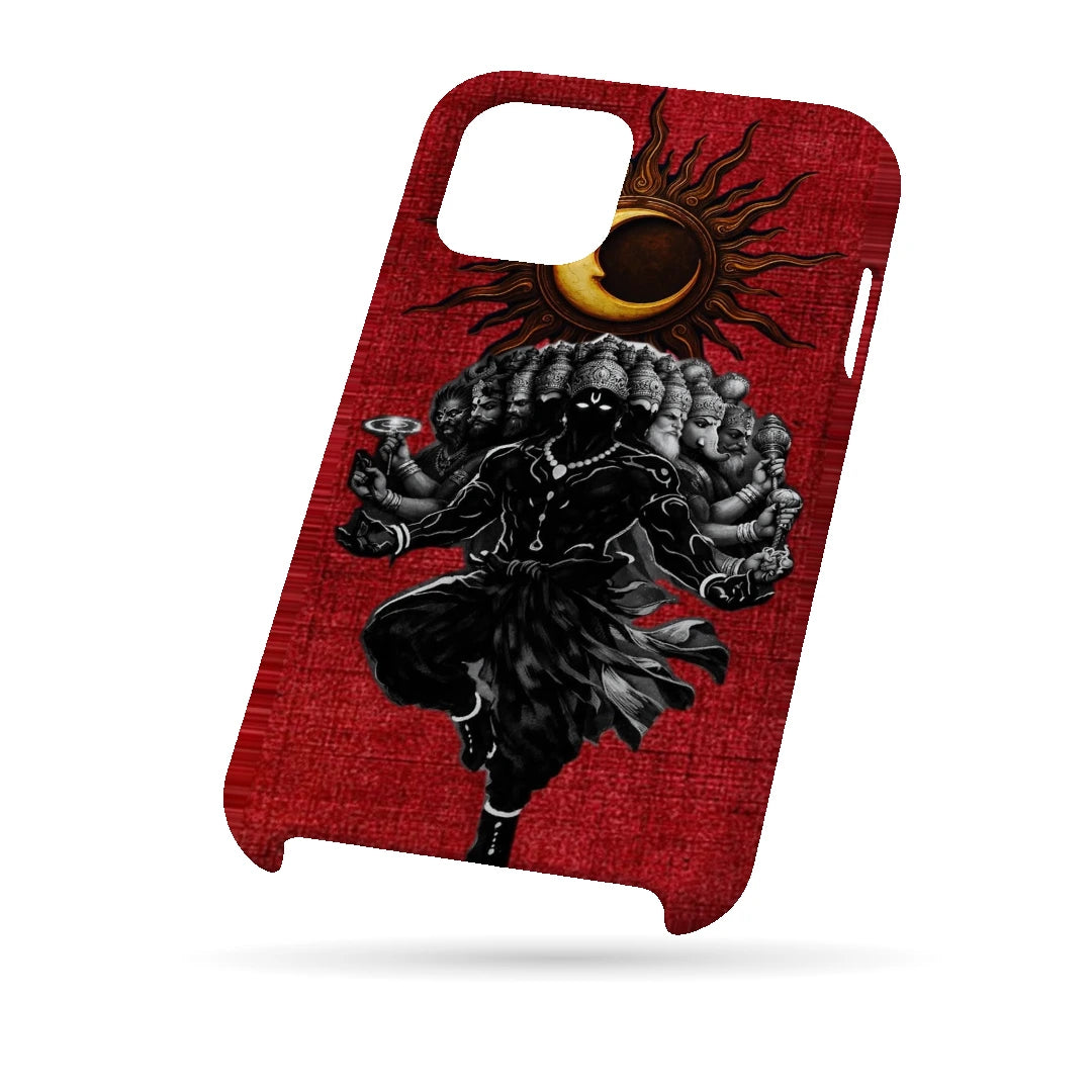Shiva Cosmic Eclipse 3D Print iPhone 15 Phone Case, bottom view; a dark Shiva figure below an eclipse on a red background